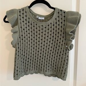 Zara | Ruffle Sleeve Knit Olive Green Top, Size S